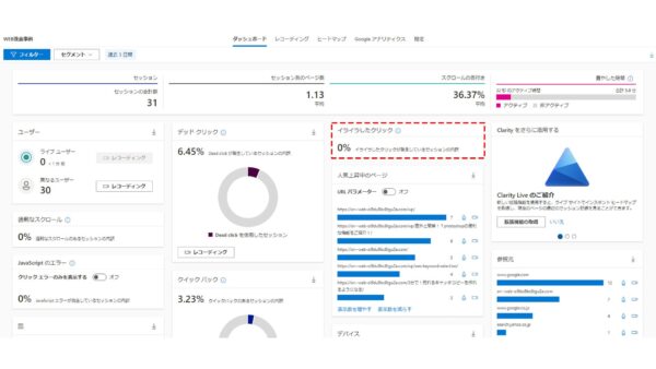 Clarityの管理画面のイライラクリック率