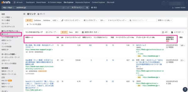Ahrefs被リンク元の詳細な情報