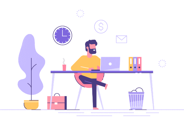 ノートバソコンを使う髭の男性のイラスト