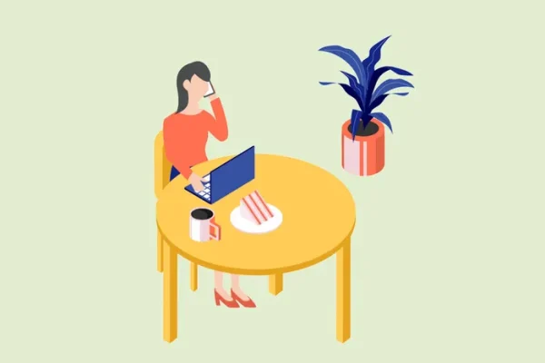電話をしながらノートパソコンを使う女性のイラスト