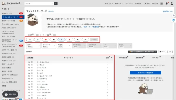 サジェストキーワード取得機能 Amazon検索 調査キーワード「ラッコ」