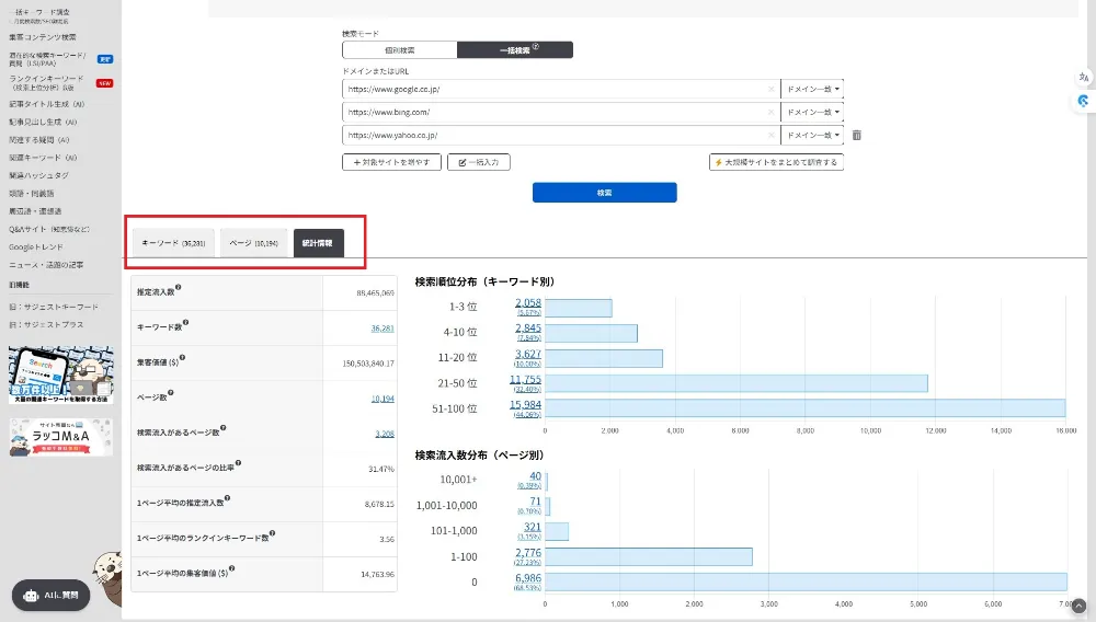 サイト調査（競合調査等）ページ別 調査サイトGoogle・Bing・Yahoo