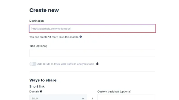 「Destination」に短縮したいURLを入力し、右下の「Create」をクリック